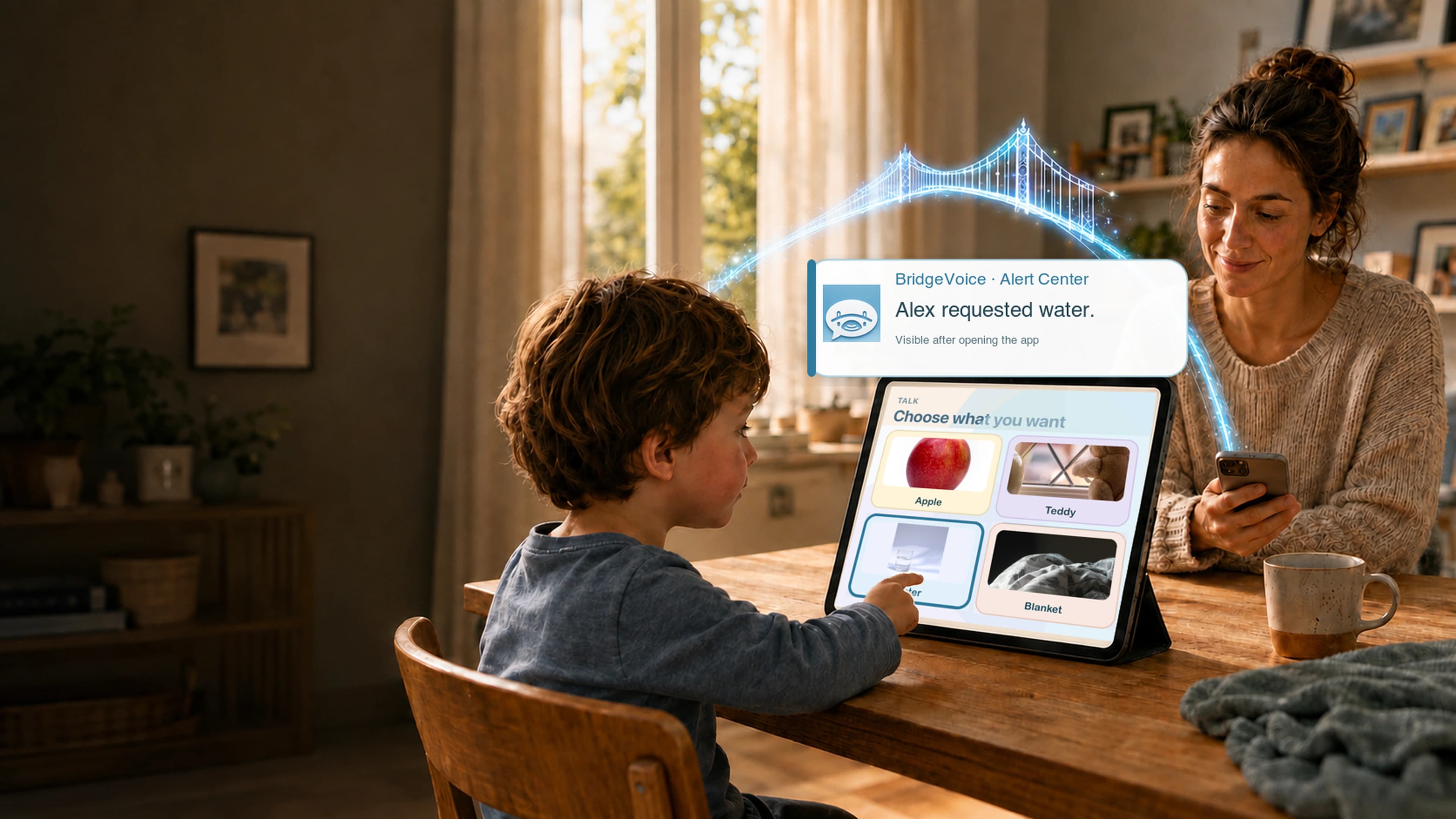 Concept image of a child tapping a familiar Water photo beside Apple, Teddy, and Blanket choices while a mother sees Alex requested water in the protected BridgeVoice Alert Center, connected by a subtly glowing bridge