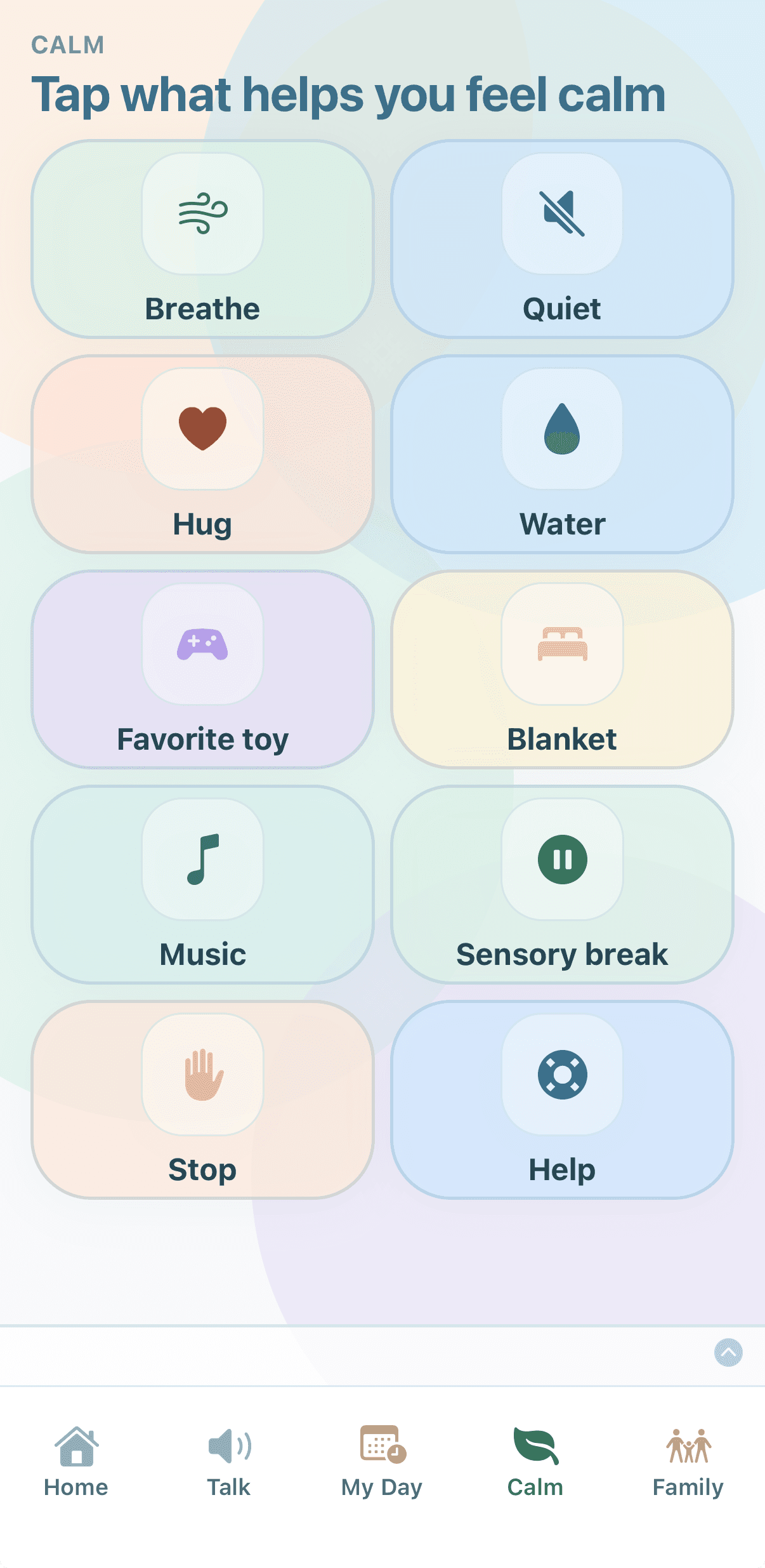 BridgeVoice Calm screen with labeled comfort and communication choices