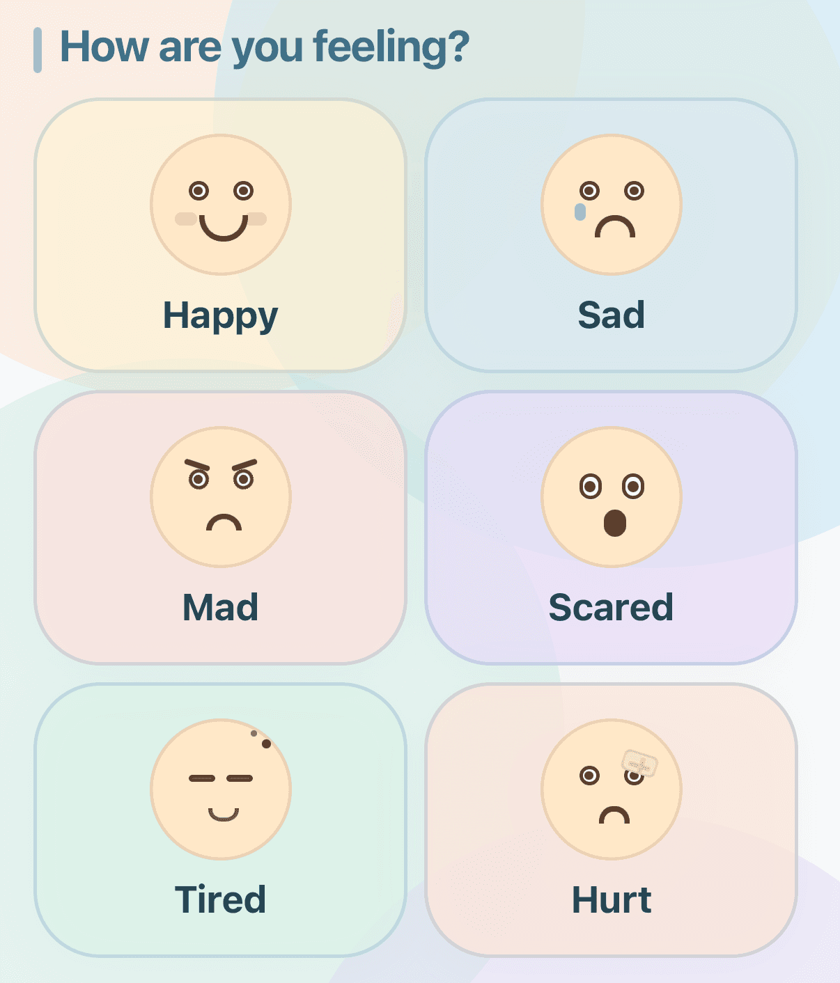 BridgeVoice Feelings screen with six labeled emotion choices