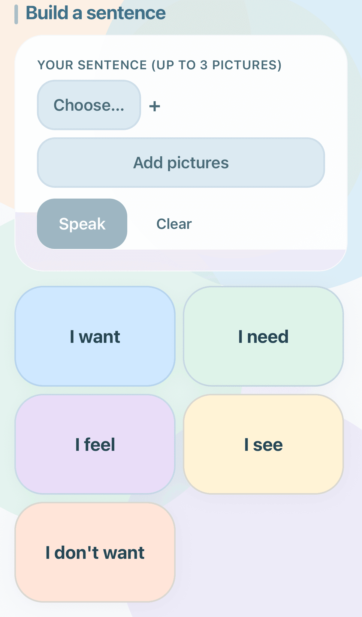 BridgeVoice sentence screen with phrase starters and an Add pictures control