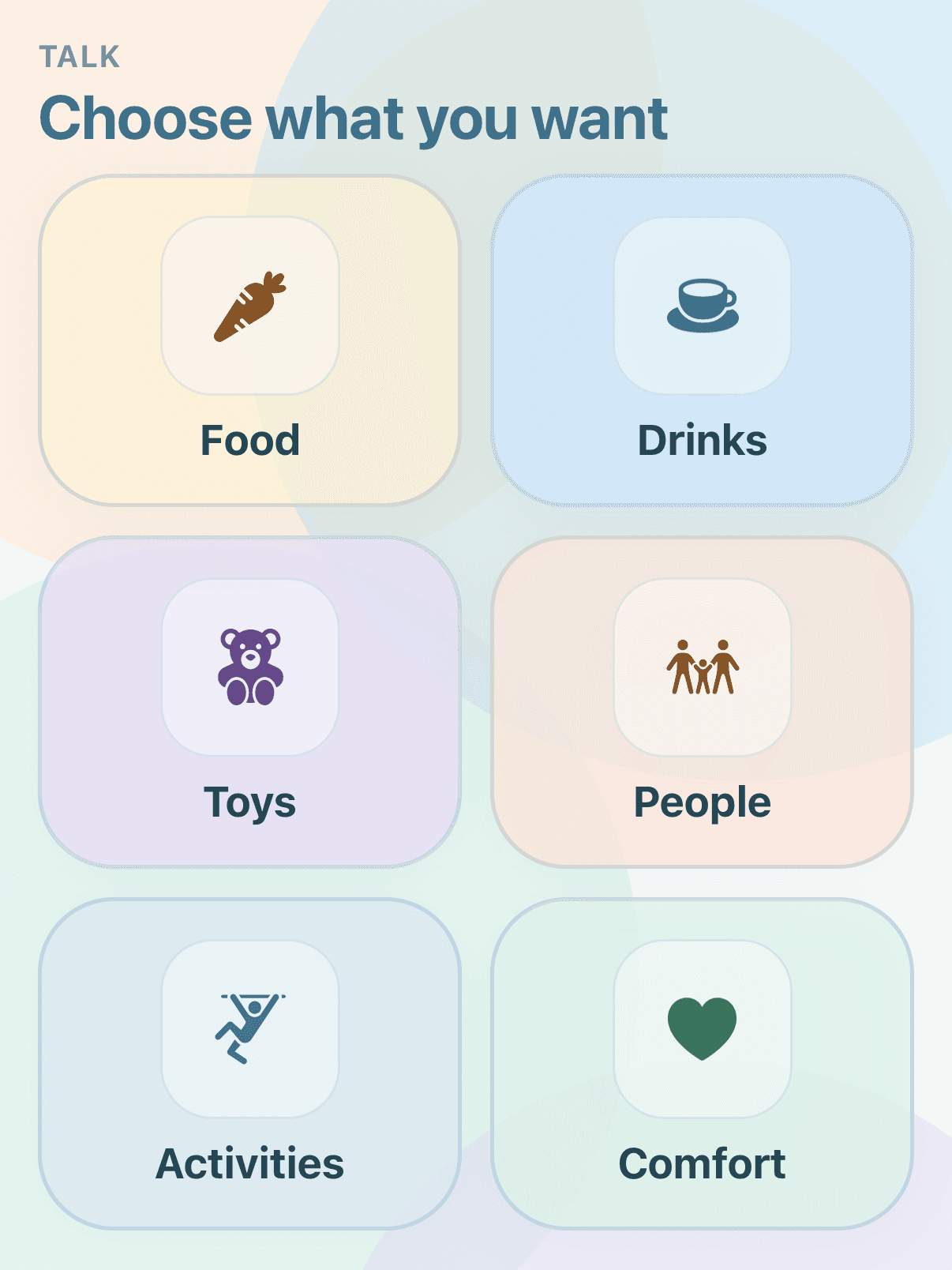 BridgeVoice Talk screen with six labeled communication categories